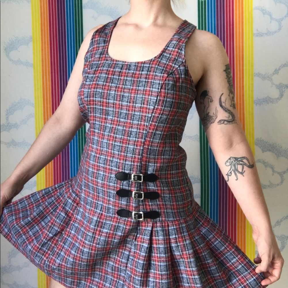 Y2K red black plaid pleated skater dress trendy - Picture 2 of 9